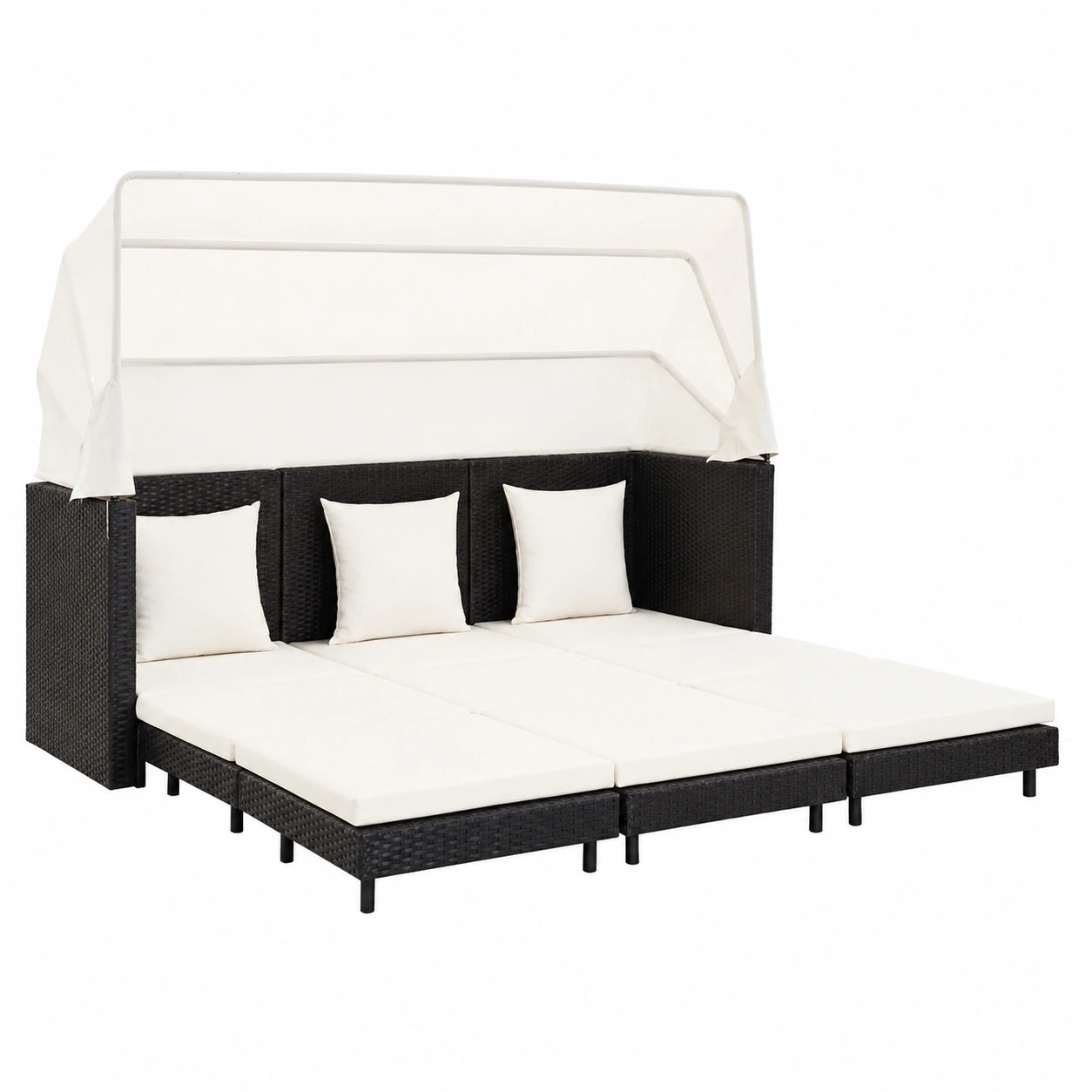 3-Sitzer Poly Rattan Schlafsofa Schwarz mit Ausziehbarer Sonnenliege