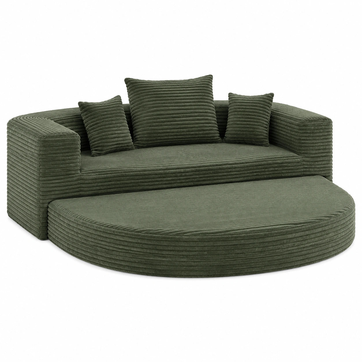 Multifunktionales Rund-Schlafsofa 180x180 cm in Grün, Verstellbares Cordsofa mit Kissen