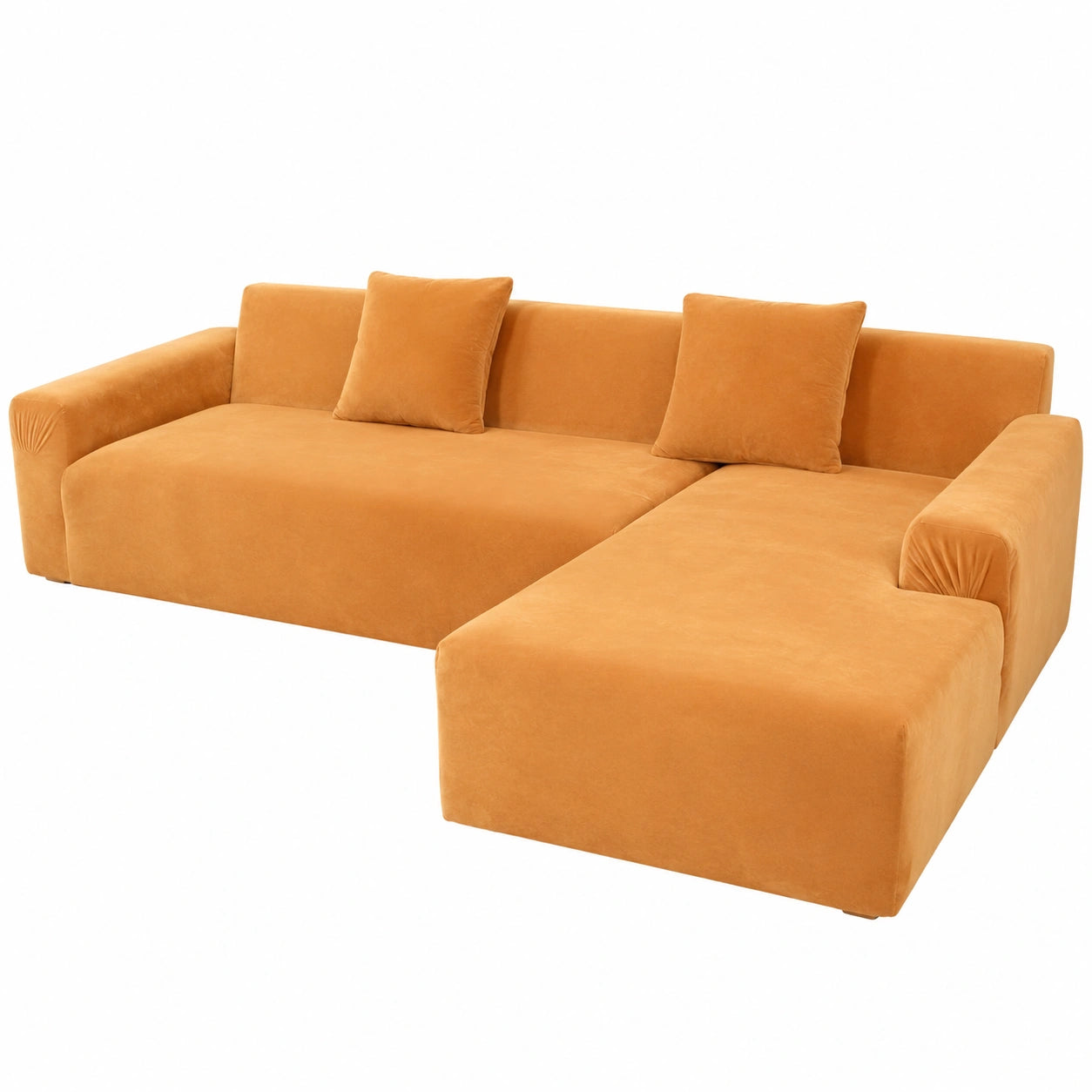 Elastiche Plüsch-Sofabezug für Ecksofas, inklusive Kissenbezug, rutschfest, L-Form Chaiselongue, Goldgelb, 3-Sitzer