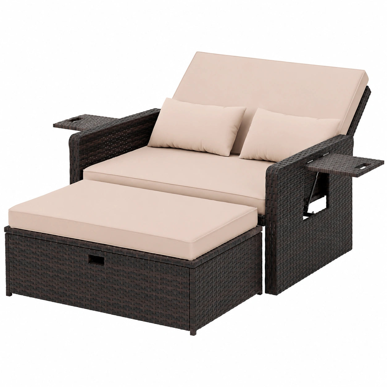 UDPATIO Garten-Lounge aus Rattan, 2-Sitzer Sofa mit Hocker und Stauraum, verstellbar für Terrasse und Balkon, Braun/Schwarz mit cremefarbenen Bezügen