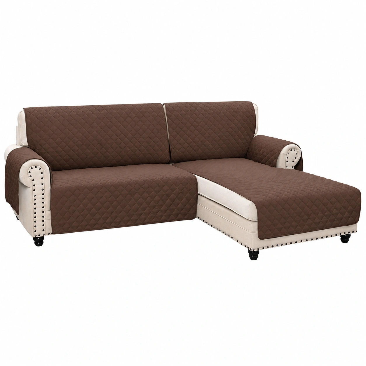 BellaHills Wasserdichte Sofaüberzüge – Rutschfest, Abnehmbar mit Taschen und Gummiband, für Sofas mit Chaiselongue, Braun, 205 cm