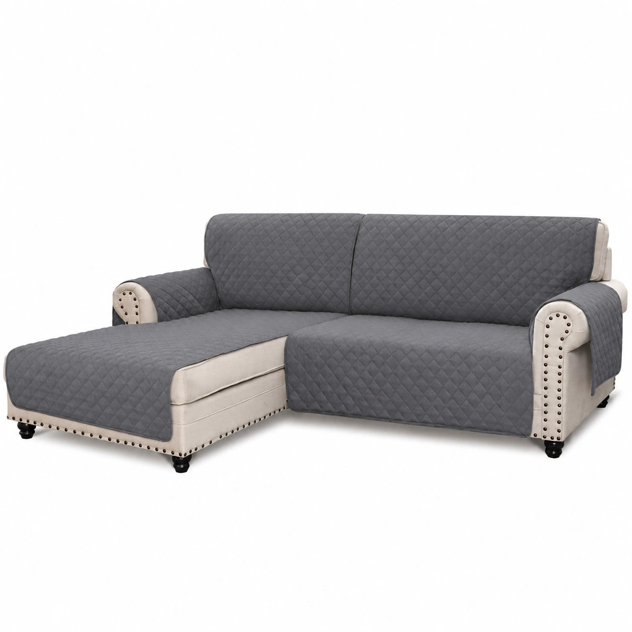 BellaHills Wasserabweisender Sofaüberzug mit Taschen und Gummiband, Rutschfest, Abnehmbar, für Chaiselongue Links (205CM) in Grau