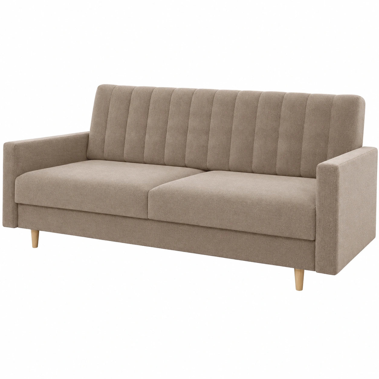 Komfortables Schlafsofa Sara mit Bettkasten und Holzfüßen, Veloursbezug in Beige