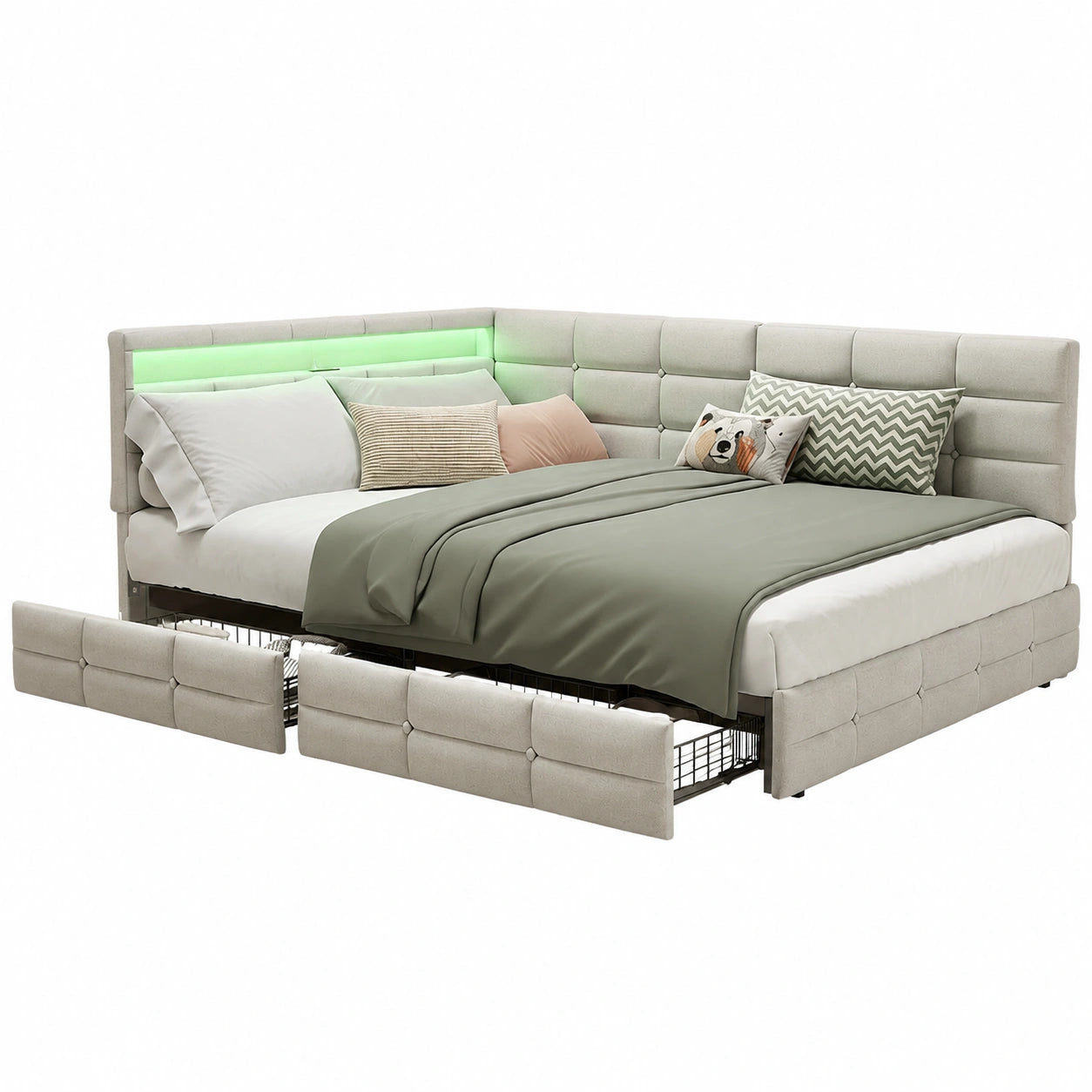 Multifunktionales Schlafsofa 140x190 cm mit LED-Beleuchtung und USB, inkl. 2 Schubladen, Leinen, ohne Matratze