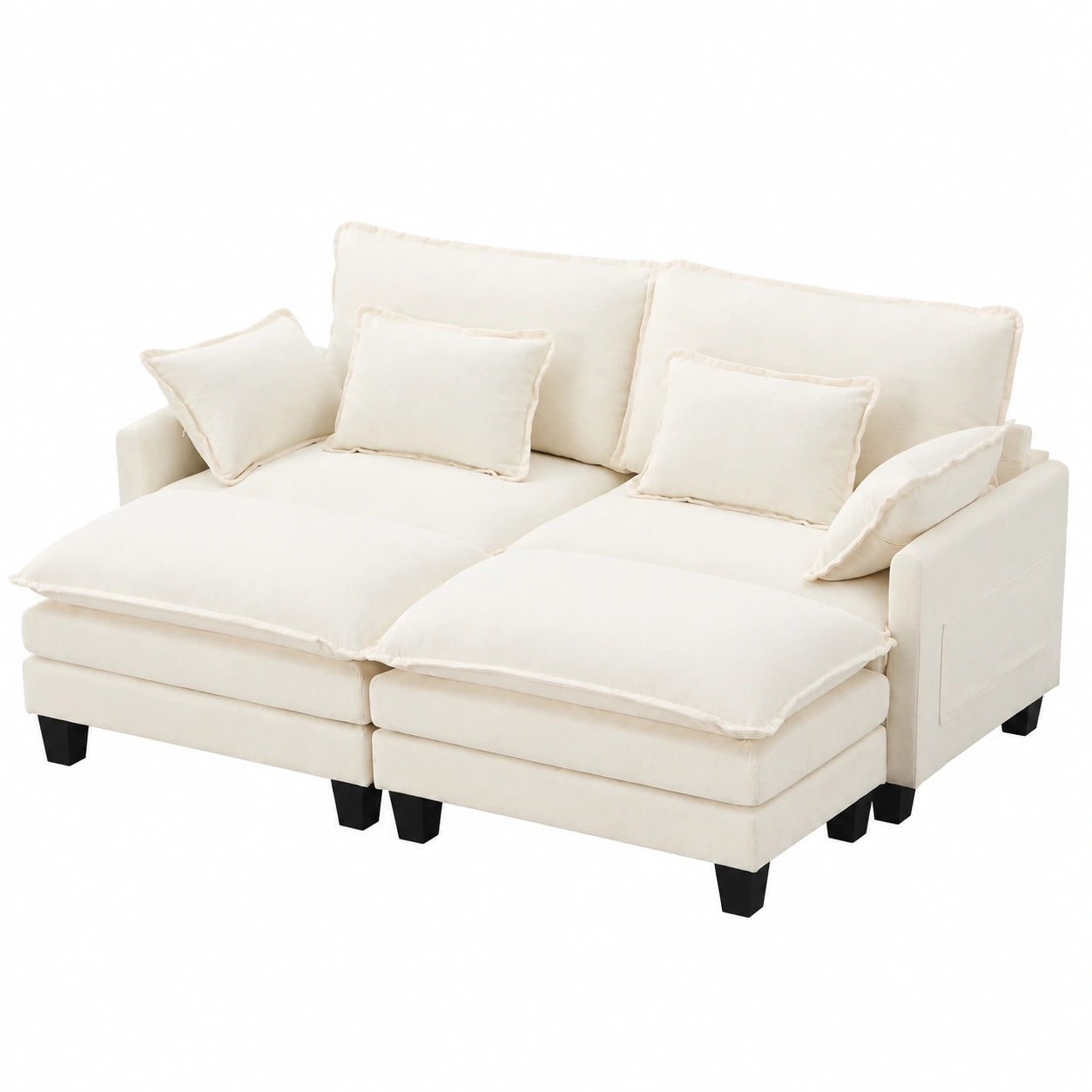 Beiges Ecksofa mit Schlaf- und Hockerfunktion, Chenille-Polsterung, Komfortables Wohnzimmer-Set