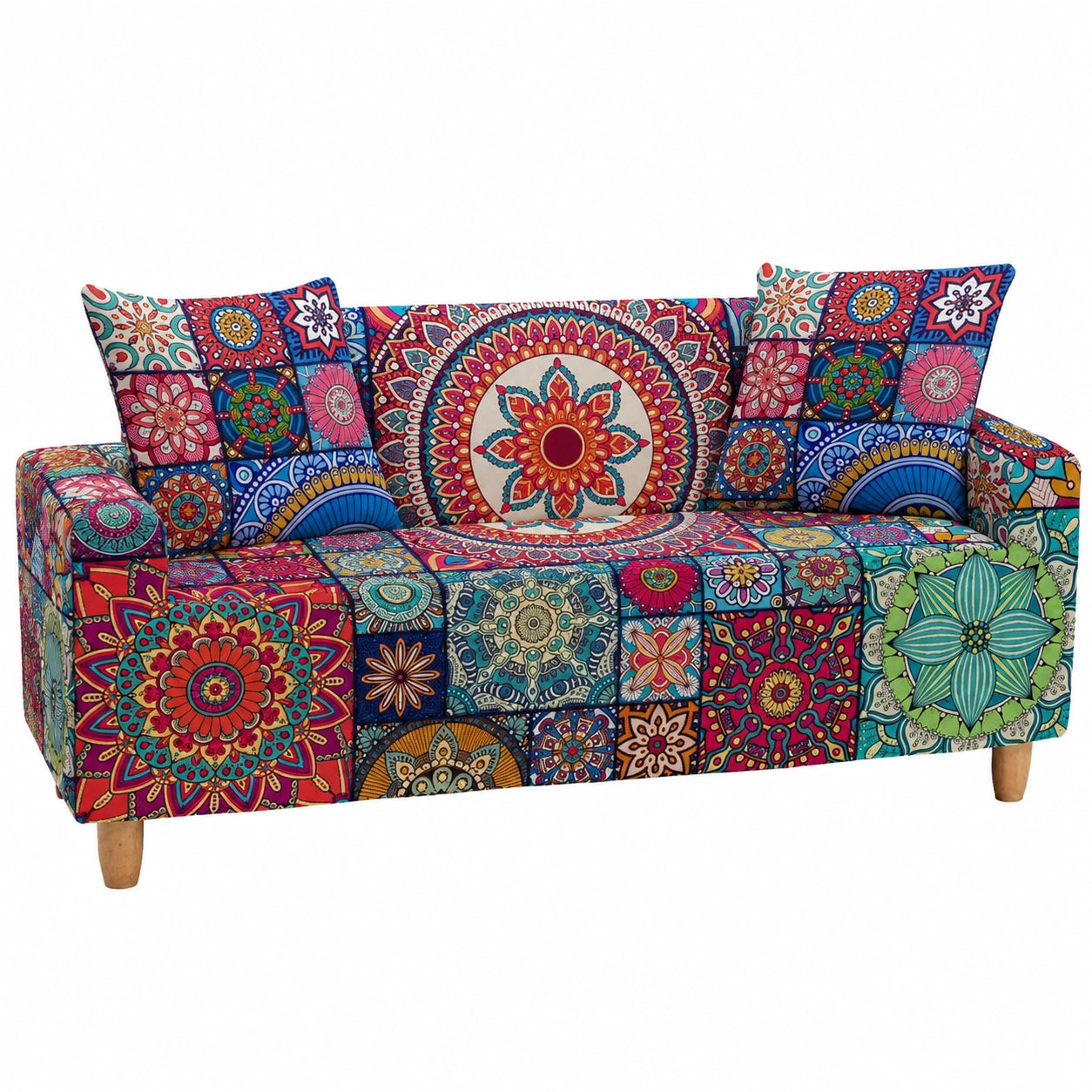Bunter Boho Sofaüberwurf - Stretch Sofabezug, Waschbar & Rutschfest, Für 2-Sitzer