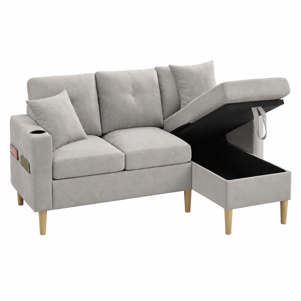 Modernes L-förmiges 3-Sitzer-Sofa mit Chaiselongue, Stauraum und Getränkehalter, inklusive 2 Kissen, ideal für Wohnzimmer und Büro (Hellgrau)